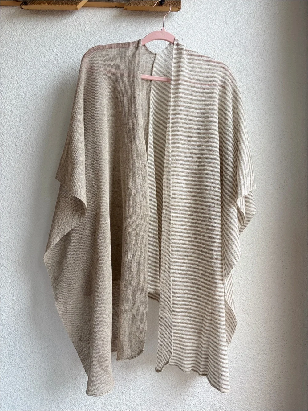 Tan Half Striped Knit Linen Ruana Wrap OS